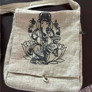 Natural Canvas Yoga Crossbody Bag with Black Print